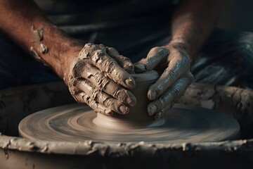 Hands sculpting clay on a wheel in a cool studio represent creativity and design.