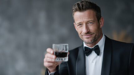 Sophisticated Toast: A distinguished gentleman, clad in a tuxedo, raises a glass, radiating charm and elegance, embodying the essence of refined taste and celebration.