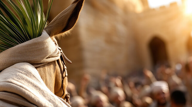 Jesus riding a donkey entering Jerusalem during Palm Sunday, with crowds welcoming the Messiah, symbolizing triumphant arrival and biblical prophecy fulfillment. Palm Sunday ,