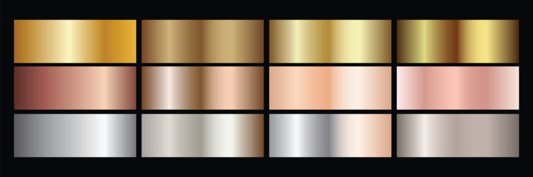 Collection of gold silver bronze and rose gold gradient texture background vector
