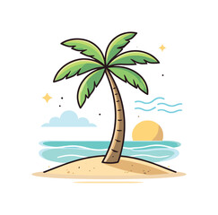 Palm trees tropical calm expressed through a single elegant palm with soft breeze lines and a low sun, conveying relaxation, warmth and a