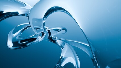 Fluid liquid blue glass shapes and spheres abstract background.