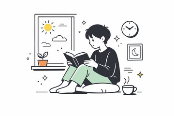 Film-like grain aesthetics. Person reading a book by a window, soft light and fine grain across the scene. Calm, cinematic pause capturing