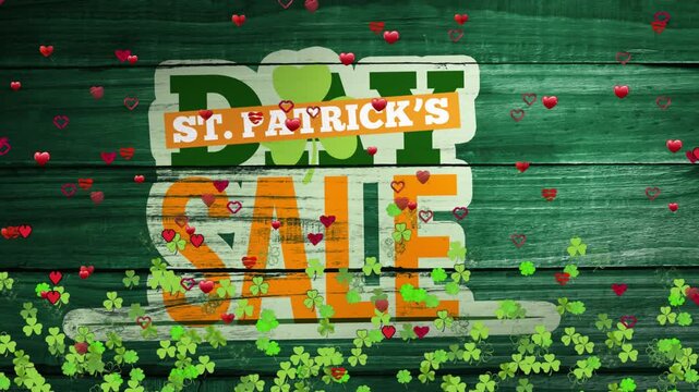 Clovers emerging lower-left, hearts drifting around St Patrick sale logo, promoting sale