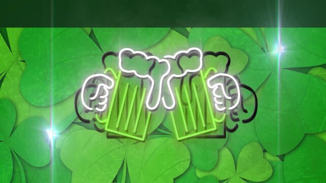 Neon trace drawing beer mug outlines, neon mugs tilting to clink to toast shamrock backdrop