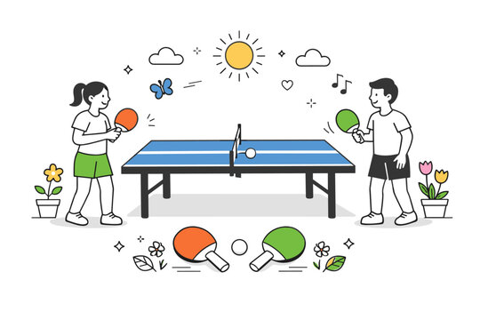 Outdoor ping pong activity overview. Symmetrical composition combining table, paddles, ball, and spring decor. Balanced editorial scene expressing light