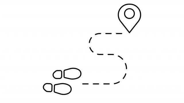 Footsteps Route with Location Pin Black Line Icon Animation Representing Navigation Path, Travel Direction and Location Tracking on Transparent Background for Map and Journey