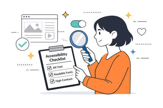 Accessibility checklist review. A character holds a digital audit checklist while inspecting interface elements, abstract floating lines and