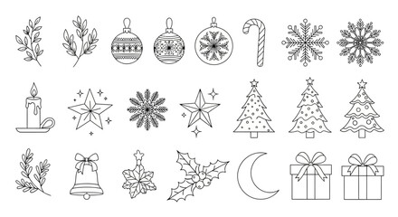 A collection of festive Christmas and New Year's holiday icons, including ornaments, snowflakes, candy canes, and gifts, presented in a clean line art style.