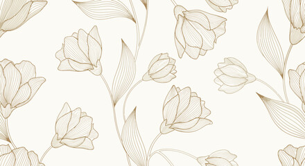 Elegant floral pattern featuring delicate line art of blooming tulips on a soft cream background. © gita
