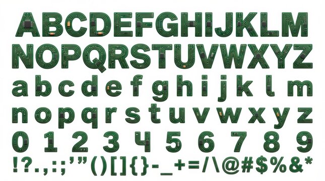 font alphabet in circuit board style from a to z numbers punctuation isolated on white background