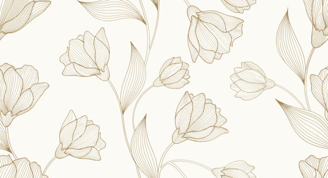 Elegant floral pattern featuring delicate line art of blooming tulips on a soft cream background.