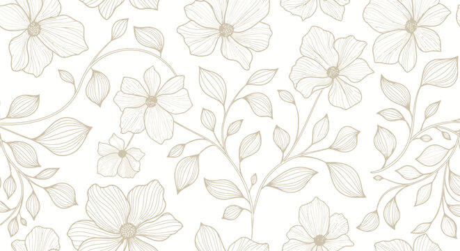 A delicate and elegant floral pattern with hand-drawn flowers and leaves in a soft, neutral color palette.