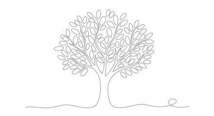 Fototapeta premium A minimalist line drawing of a tree with many leaves and a winding root extending to the right.