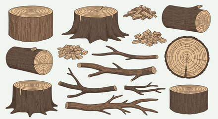 A collection of various wood elements including tree stumps, logs, branches, and wood chips, presented in a detailed illustration. © gita