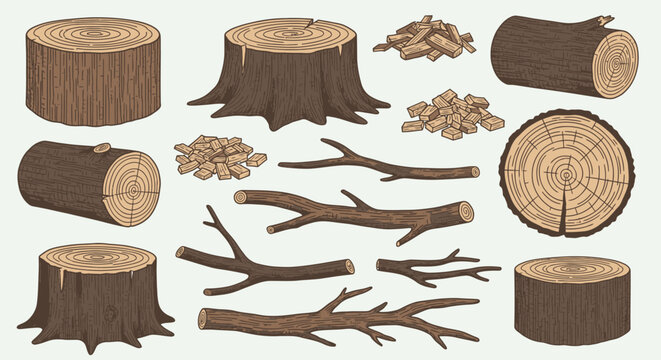 A collection of various wood elements including tree stumps, logs, branches, and wood chips, presented in a detailed illustration.