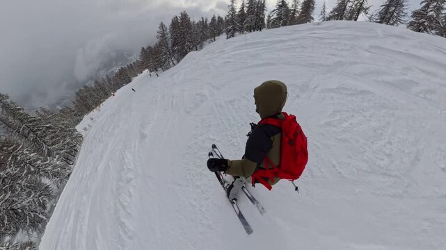 Male Skier Exploring Off-Piste Forest Trail, Freedom and Adventure in Backcountry, Serre Chevalier - POV Following Shot