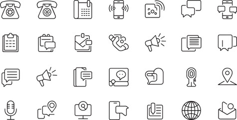 Collection of flat design communication and technology icons isolated on transparent background