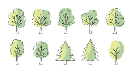 A collection of ten stylized trees, including deciduous and coniferous varieties, rendered in a simple, modern line art style with green watercolor accents. © gita