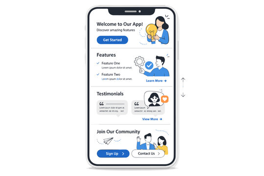 Mobile landing page concept. A smartphone displaying a landing page with scroll sections and buttons. Compact, user-centered design scene