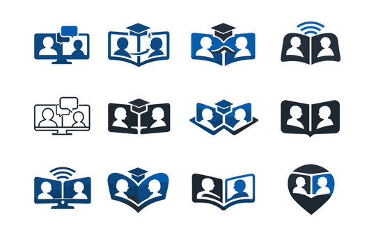 Remote tutoring. Icon set. Set Logo of Remote tutoring: teacher and student connected by screen. harmonious logo variations of the same emblematic concept,