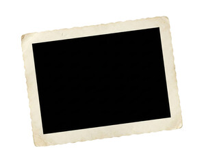 Blank vintage photo frame with distressed cream border and black insert, isolated on white background