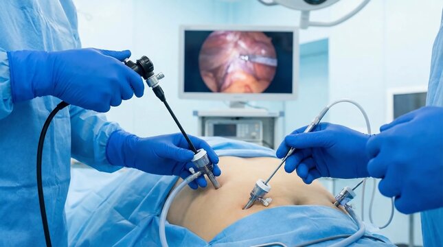 Surgeons performing minimally invasive laparoscopic surgery in a modern hospital operating room.