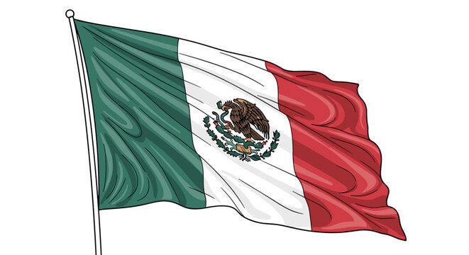 Mexican national flag waving with emblem on green, white, and red stripes
