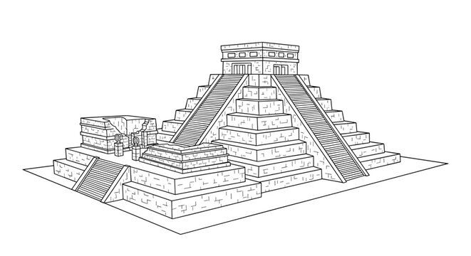 Ancient aztec pyramid outline with stepped design and staircases