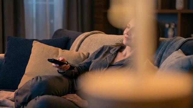 woman in pajamas. A relaxed woman in cozy loungewear enjoys her evening on a comfortable sofa, watching TV, with a serene expression illuminated by soft ambient lighting