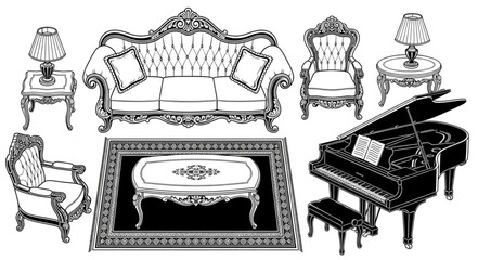 Elegant living room furniture arrangement with a grand piano and classic design. © Hatep