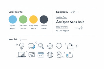 Fototapeta premium Branding elements. Clean brand guideline layout with color palette, typography samples, and icon set displayed together. Structured and professional visual