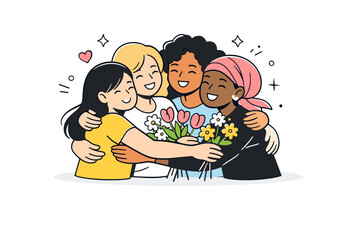 Women hugging with flowers. A small group of women share a group hug, flowers visible among their arms. Collective joy and support, calm