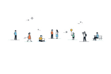 Fototapeta premium People seen from distance. Several tiny figures are placed far apart in a wide composition, surrounded by air and negative space. The mood feels