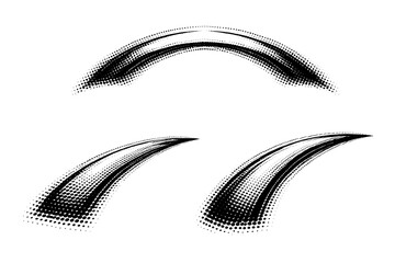 Comic halftone motion arc element A curved motion arc element indicating directional movement presented in front view, side view, and