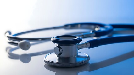 Stethoscope on reflective surface with blue and white background medical doctor nurse healthcare