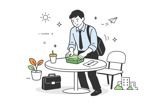 Lunch breaks outdoors. Someone finishing lunch at an outdoor table, closing a container and standing up slowly. A calm transition back to