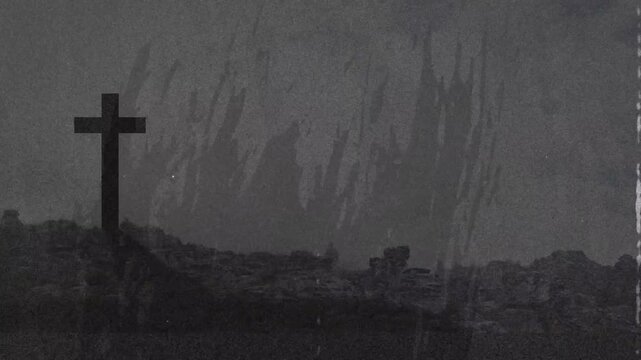 Scratches sweeping sky after light flicker, cross silhouette staying still, creating vintage mood