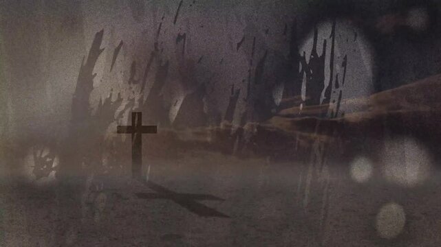 Dark cross standing left mist thickening starting ink smears sweeping obscuring, evoking film grain
