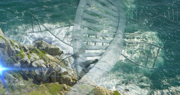 Lens flare sweeping in, translucent double helix fading, rotating over coast, sparking DNA mapping