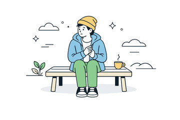 People sitting outside cautiously. A person sitting on an outdoor bench with a slightly guarded posture, hands close to the body. Careful