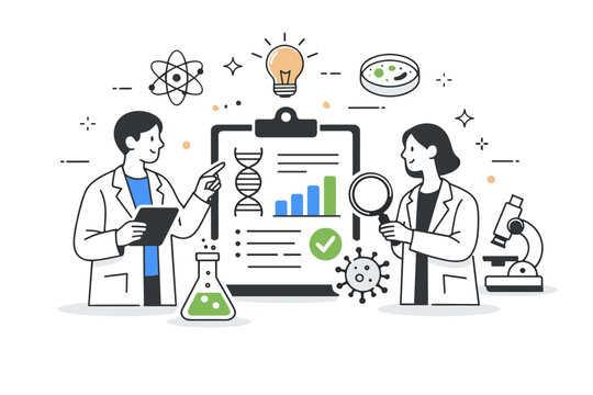 Innovation in medical research. Researchers analyzing test results and sample icons together, suggesting discovery and progress. The mood is