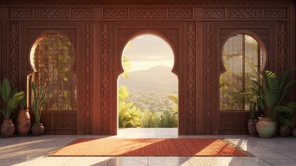 Fototapeta premium A beautifully designed architectural space featuring intricate arches, lush plants, and a scenic view of mountains bathed in warm light.