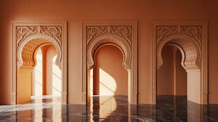A beautifully designed interior featuring three ornate archways with intricate details against a warm-toned wall and polished floor.