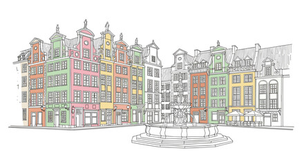 Colorful european town square with classic architecture and fountain