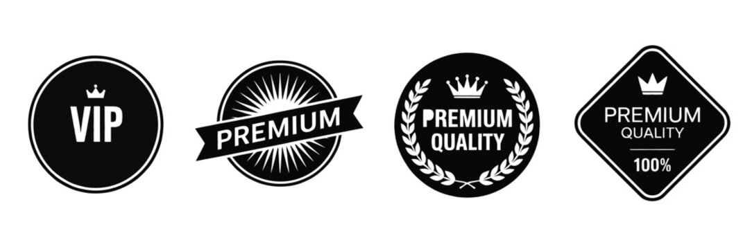 Premium quality stamp and label vector illustrating 100 percent VIP emblem with crown, stars, and high-quality badge
