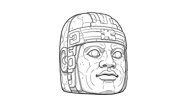 Detailed line art of ancient olmec head sculpture with intricate patterns