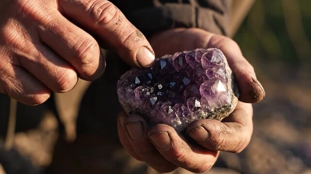 A person's dirty, weathered hands carefully hold and examine a beautiful raw