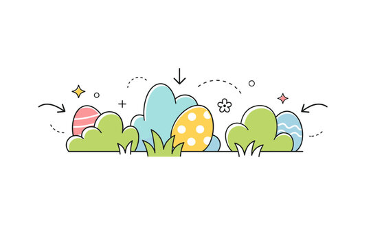 Easter egg hunt concept. Simple Easter eggs hidden behind abstract bushes and grass shapes, small hint arrows and playful lines. Light fun and discovery
