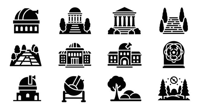 Silhouette astronomy icons: observatory, telescopes, and observatory building designs